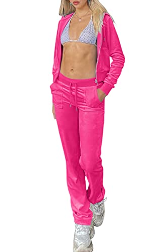 Minetom Trainingsanzug Damen Samt Sportanzug Jogginganzug Freizeitanzug Zweiteiler Set Kapuzenjacke Kapuzenpullover Reißverschluss Jacke Mantel Velours Hose 2 Stück Rose L von Minetom