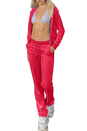 Minetom Trainingsanzug Damen Samt Sportanzug Jogginganzug Freizeitanzug Zweiteiler Set Kapuzenjacke Kapuzenpullover Reißverschluss Jacke Mantel Velours Hose 2 Stück Rot XS von Minetom
