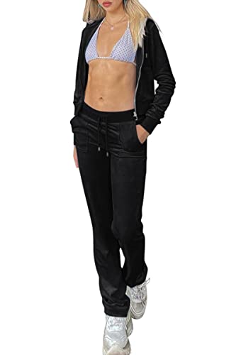 Minetom Trainingsanzug Damen Samt Sportanzug Jogginganzug Freizeitanzug Zweiteiler Set Kapuzenjacke Kapuzenpullover Reißverschluss Jacke Mantel Velours Hose 2 Stück Schwarz M von Minetom