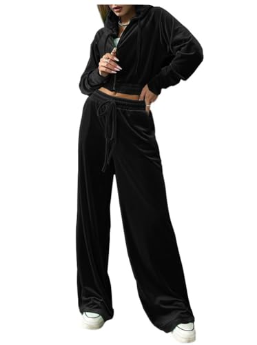 Minetom Trainingsanzug Damen Samt Sportanzug Jogginganzug Freizeitanzug Zweiteiler Set Kapuzenjacke Kapuzenpullover Reißverschluss Jacke Mantel Velours Hose 2 Stück Z1 Schwarz XS von Minetom