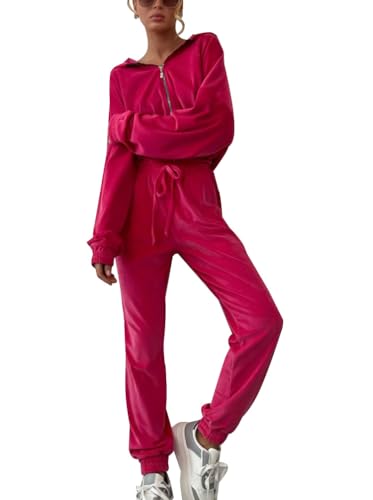 Minetom Trainingsanzug Damen Samt Sportanzug Jogginganzug Freizeitanzug Zweiteiler Set Kapuzenjacke Kapuzenpullover Reißverschluss Jacke Mantel Velours Hose 2 Stück Z2 Rose M von Minetom