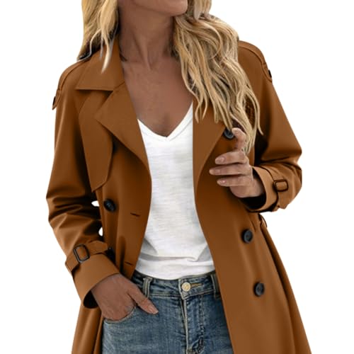 Minetom Trenchcoat Damen Lang Übergangsmantel Reverskragen Mantel Klassische Herbst Frühling Zweireiher Jacke Trench Mit Gürtel Windjacke A Braun M von Minetom