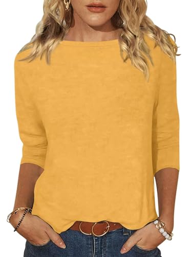 Minetom Tshirt Damen 3/4 Arm Shirt U-Boot Ausschnitt Leichte Pullover Tops Basic Oberteil Sommer Herbst A Gelb XXL von Minetom