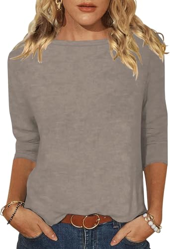 Minetom Tshirt Damen 3/4 Arm Shirt U-Boot Ausschnitt Leichte Pullover Tops Basic Oberteil Sommer Herbst A Grau L von Minetom