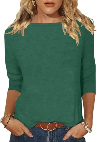 Minetom Tshirt Damen 3/4 Arm Shirt U-Boot Ausschnitt Leichte Pullover Tops Basic Oberteil Sommer Herbst A Grün XXL z von Minetom