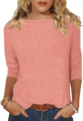 Minetom Tshirt Damen 3/4 Arm Shirt U-Boot Ausschnitt Leichte Pullover Tops Basic Oberteil Sommer Herbst A Koralle S von Minetom