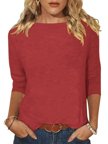 Minetom Tshirt Damen 3/4 Arm Shirt U-Boot Ausschnitt Leichte Pullover Tops Basic Oberteil Sommer Herbst A Rot M von Minetom