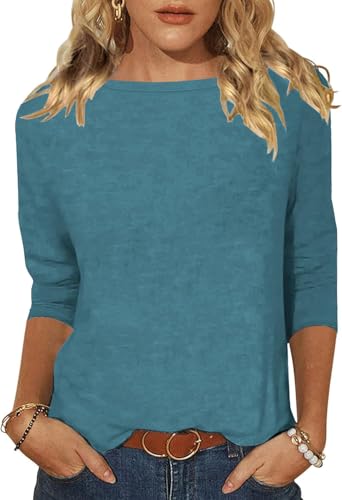 Minetom Tshirt Damen 3/4 Arm Shirt U-Boot Ausschnitt Leichte Pullover Tops Basic Oberteil Sommer Herbst A Turquoise XXL von Minetom