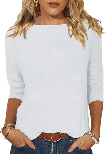 Minetom Tshirt Damen 3/4 Arm Shirt U-Boot Ausschnitt Leichte Pullover Tops Basic Oberteil Sommer Herbst A Weiß XXL von Minetom