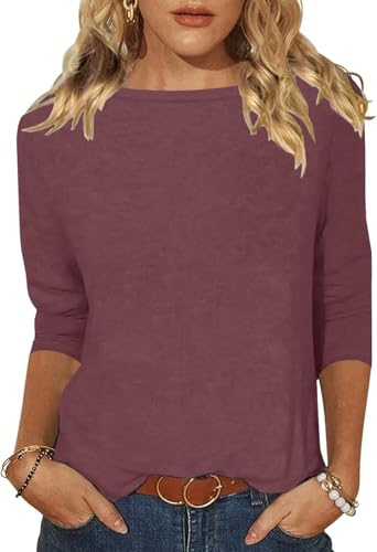 Minetom Tshirt Damen 3/4 Arm Shirt U-Boot Ausschnitt Leichte Pullover Tops Basic Oberteil Sommer Herbst A Wine Red M von Minetom