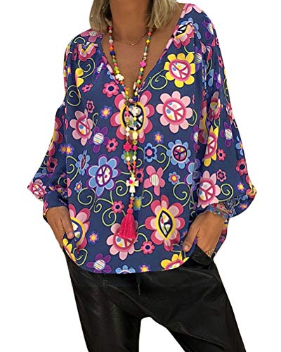 Minetom Tunika Damen Blumen T-Shirt V Ausschnitt Kurzarm Bluse Oberteil Tops Locker Langarm V Ausschnitt Shirt Casual Blusen A Blau 46 von Minetom