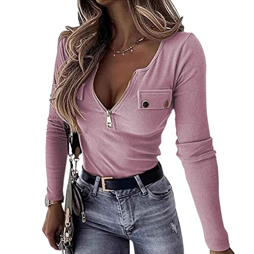 Minetom Tunika Damen Langarmshirt Sexy Elegante Oberteile V-Ausschnitt mit 1/2 Reißverschluss T-Shirt Langarm Hemden Halber Zip Langarmshirts Einfarbig Blusen Tops A Rosa S von Minetom