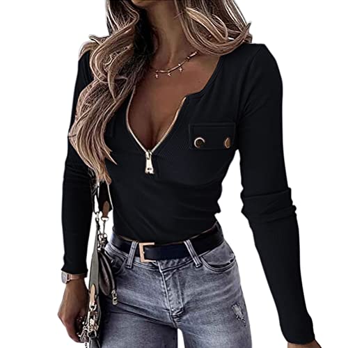 Minetom Tunika Damen Langarmshirt Sexy Elegante Oberteile V-Ausschnitt mit 1/2 Reißverschluss T-Shirt Langarm Hemden Halber Zip Langarmshirts Einfarbig Blusen Tops A Schwarz L von Minetom