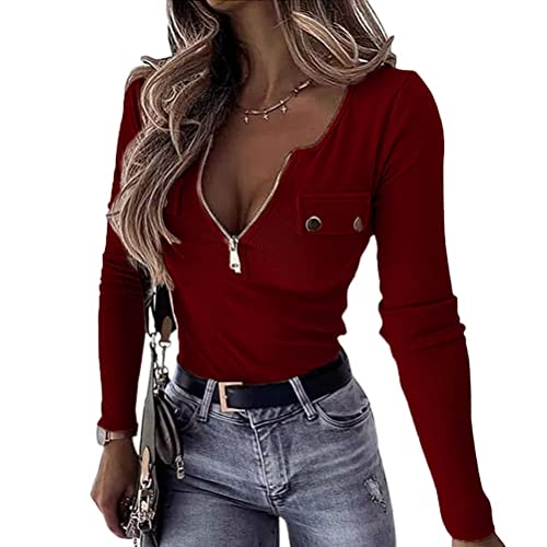 Minetom Tunika Damen Langarmshirt Sexy Elegante Oberteile V-Ausschnitt mit 1/2 Reißverschluss T-Shirt Langarm Hemden Halber Zip Langarmshirts Einfarbig Blusen Tops A Weinrot L von Minetom