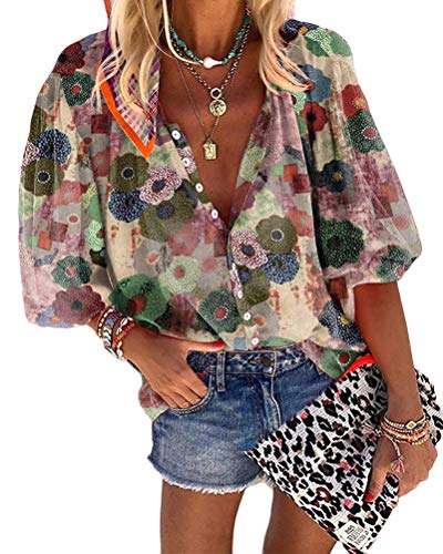 Minetom Tunika Damen Sommer Blumen T-Shirt V Ausschnitt Kurzarm Knopfleiste Bluse Oberteil Boho Tunika B Rot XL von Minetom