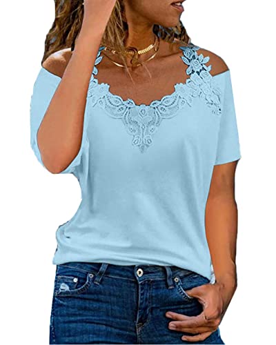 Minetom Tunika Damen T-Shirt Sommer Kurzarm Schulterfrei Oberteil Elegant Vintage Bluse Tops Sexy Spitze Shirts V-Ausschnitt Sportshirt Teenager Mädchen Streetwear A Blau XXL von Minetom