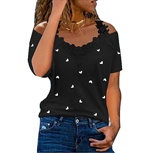 Minetom Tunika Damen T-Shirt Sommer Kurzarm Schulterfrei Oberteil Elegant Vintage Bluse Tops Sexy Spitze Shirts V-Ausschnitt Sportshirt Teenager Mädchen Streetwear B Schwarz XXL von Minetom