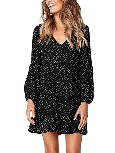 Minetom Tunika Kleid Boho Bohemian Kleid Vintage Kleid Lose Casual Swing Kleid mit Gerafft A-Linie Tshirt Kleid Polka-Punkt Freizeitkleider A Schwarz 42 von Minetom