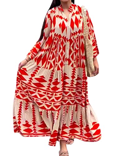 Minetom Tunika Kleid Boho Vintage Lose Casual Langarm V-Ausschnitt Knopf Swing Kleid Lange Freizeitkleider Druck Strand Maxikleid Partykleid A Rot XL von Minetom