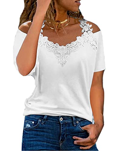 Minetom Tunika Tops Damen V-Ausschnitt Spitze Kurzarmshirt Sexy Kalte Schulter Longshirt Oberteile Blumen Druck Tunika Basic Shirts Freizeithemd Elegant Pullover Bluse Hemd Top A Weiß L z von Minetom