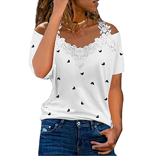 Minetom Tunika Tops Damen V-Ausschnitt Spitze Kurzarmshirt Sexy Kalte Schulter Longshirt Oberteile Blumen Druck Tunika Basic Shirts Freizeithemd Elegant Pullover Bluse Hemd Top B Weiß L von Minetom