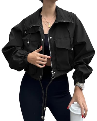 Minetom Übergangsjacke Damen Sommerjacke Herbst Jacke Casual Langarm Leichte Reißverschluss Boyfriend Kurzmantel mit Taschen A Schwarz L von Minetom