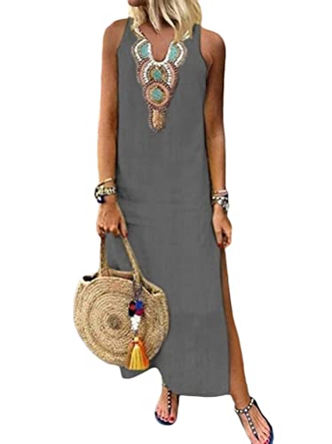 Minetom Übergröße Maxikleid Dame Strand Sommerkleid Lange Kleider Ärmellos Partykleid Festliches Kleid große größen P Grau 50 von Minetom