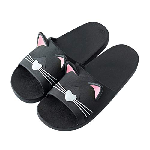 Minetom Unisex Badeschuhe Flip Flop Zehentrenner rutschfest Pantoffeln Sandalen Badezimmer Flache Süße Katze Strand Home Slippers für Herren Damen Schwarz Rosa 35/36 EU von Minetom