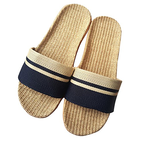 Minetom Unisex Damen Herren Leinen Flache Hausschuhe Skidproof Haus Innen Pantoffeln Frühling Sommer Startseite Slipper Flip Flops Farbe Streifen Badeschuhe B Blau 42/43 von Minetom