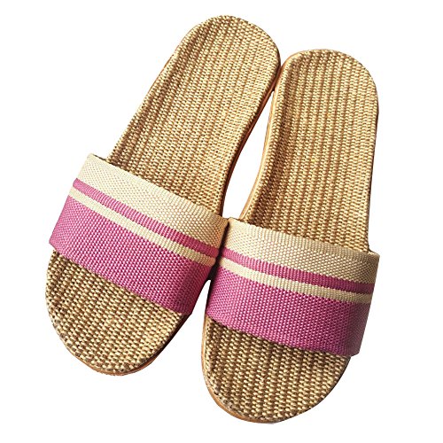 Minetom Unisex Damen Herren Leinen Flache Hausschuhe Skidproof Haus Innen Pantoffeln Frühling Sommer Startseite Slipper Flip Flops Farbe Streifen Badeschuhe B Rosa 37/38 von Minetom