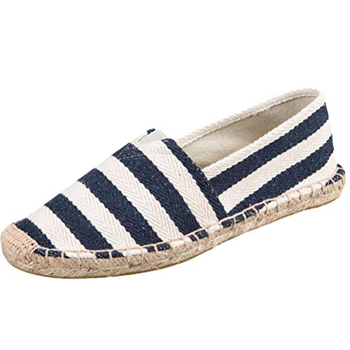 Minetom Unisex Espadrilles Slipper Flats Ballerinas Damen Herren Slip on Streifen Gestreift Atmungsaktiv Flache Leinwand Segeltuchschuhe Blau EU 37 von Minetom