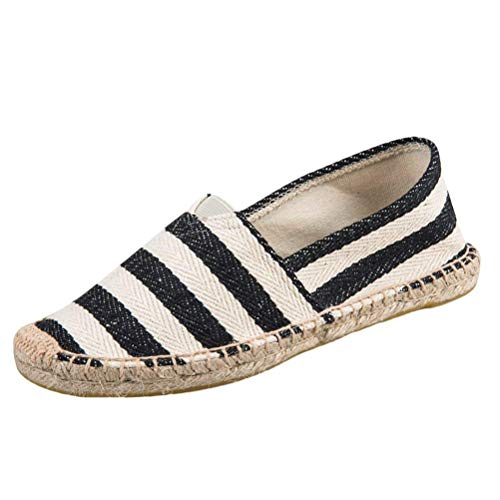 Minetom Unisex Espadrilles Slipper Flats Ballerinas Damen Herren Slip on Streifen Gestreift Atmungsaktiv Flache Leinwand Segeltuchschuhe Schwarz EU 35 von Minetom