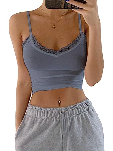 Minetom Unterhemden Spaghettiträger Damen Basic Top Crop Tanks Oberteile Verstellbarer Spaghetti Strap Cami Tank Top Bauchfrei Cropped Camisole V-Ausschnitt Spitzen Tanktop A Blau L von Minetom