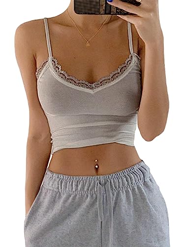 Minetom Unterhemden Spaghettiträger Damen Basic Top Crop Tanks Oberteile Verstellbarer Spaghetti Strap Cami Tank Top Bauchfrei Cropped Camisole V-Ausschnitt Spitzen Tanktop A Weiß M von Minetom