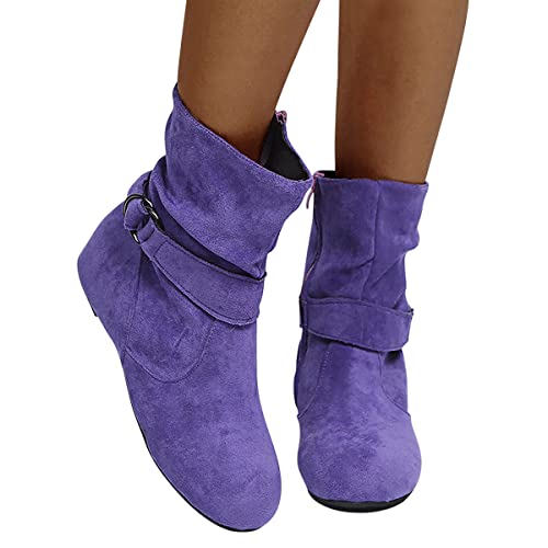 Minetom Warme Winterschuhe Damen Wildleder Retro Halbhoch Stiefeletten Einfarbig Runde Flache Stiefel Kurzstiefel Winterboots Reißverschluss Schlupfstiefel Damenschuhe A Violett 38 EU von Minetom