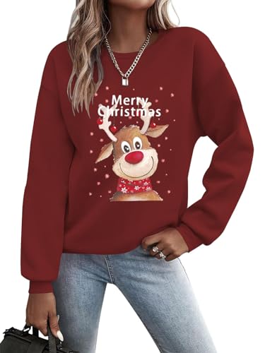 Minetom Weihnachtspullover Damen Weihnachts Sweatshirt Weihnachten Drucken Langarm Rundhals Weihnachtspulli Locker Casual Oberteil Xmas Sweatshirt ohne Kapuze Christmas Sweater A Weinrot M von Minetom