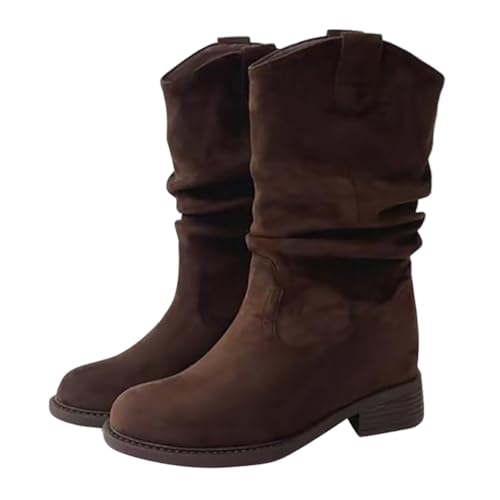 Minetom Westernstiefel Für Damen Wildleder Cowboy Stiefel Mit Blockabsatz Weitschaftstiefel Haufen Von Falten Retro Boots A Braun 38 EU von Minetom
