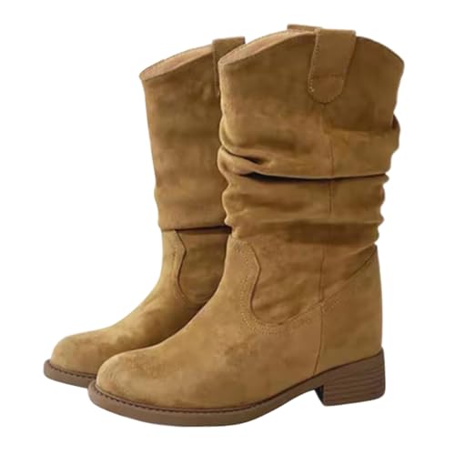 Minetom Westernstiefel Für Damen Wildleder Cowboy Stiefel Mit Blockabsatz Weitschaftstiefel Haufen Von Falten Retro Boots A Khaki 36 EU von Minetom