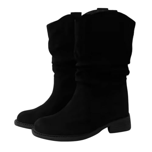 Minetom Westernstiefel Für Damen Wildleder Cowboy Stiefel Mit Blockabsatz Weitschaftstiefel Haufen Von Falten Retro Boots A Schwarz 39 EU von Minetom