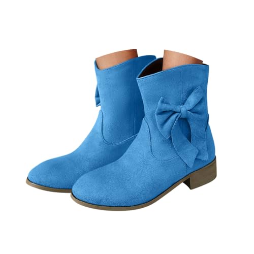 Minetom Westernstiefel Für Damen Wildleder Stiefeletten Bogen Cowboy Niederung Stiefel Mit Blockabsatz Schlupfschuhe A Blau 43 EU von Minetom