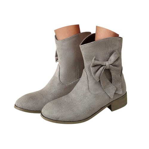 Minetom Westernstiefel Für Damen Wildleder Stiefeletten Bogen Cowboy Niederung Stiefel Mit Blockabsatz Schlupfschuhe A Grau 41 EU von Minetom
