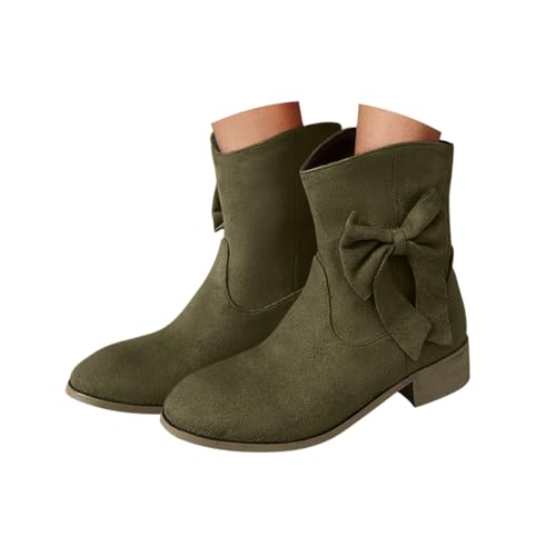 Minetom Westernstiefel Für Damen Wildleder Stiefeletten Bogen Cowboy Niederung Stiefel Mit Blockabsatz Schlupfschuhe A Grün 41 EU von Minetom