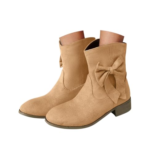 Minetom Westernstiefel Für Damen Wildleder Stiefeletten Bogen Cowboy Niederung Stiefel Mit Blockabsatz Schlupfschuhe A Khaki 37 EU von Minetom