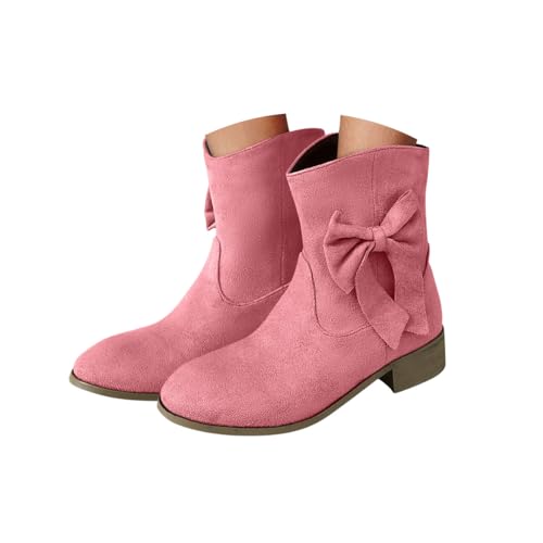 Minetom Westernstiefel Für Damen Wildleder Stiefeletten Bogen Cowboy Niederung Stiefel Mit Blockabsatz Schlupfschuhe A Rosa 40 EU von Minetom