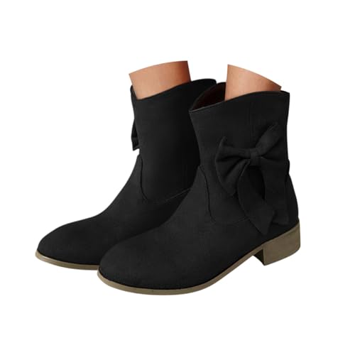 Minetom Westernstiefel Für Damen Wildleder Stiefeletten Bogen Cowboy Niederung Stiefel Mit Blockabsatz Schlupfschuhe A Schwarz 43 EU von Minetom