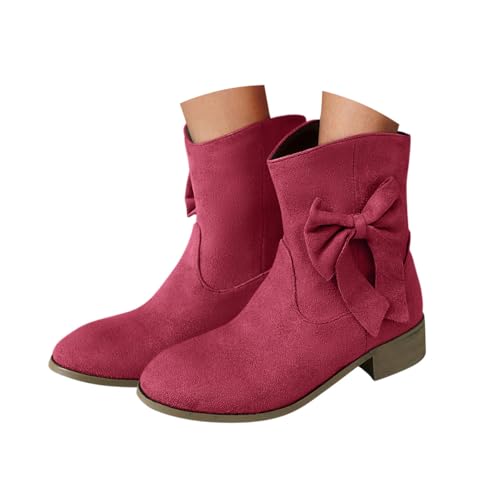 Minetom Westernstiefel Für Damen Wildleder Stiefeletten Bogen Cowboy Niederung Stiefel Mit Blockabsatz Schlupfschuhe A Weinrot 43 EU von Minetom