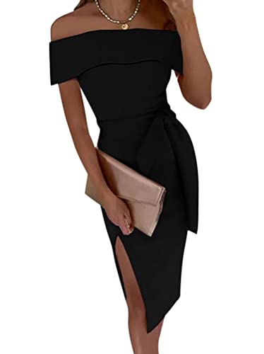 Minetom Wickelkleid Damen Schulterfrei Kleid Figurbetontes Midikleid Abendkleid Etuikleid Bodycon Party Cocktail Kleid E Schwarz L von Minetom