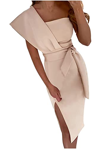 Minetom Wickelkleid für Damen Ärmelloses Kleid Figurbetontes Midikleid Abendkleid Etuikleid Bodycon Party Cocktail Kleid C Beige L von Minetom