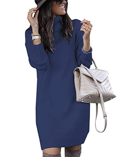 Minetom Winter Damen Pullover Sweater Strickkleid Warm Elegant Langarm Strickpullover Lang Blau 40 von Minetom