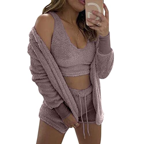 Minetom Winter Frühling Pyjamas Damen Dreiteilig Ensembles De Pyjama Warm Coral Fleece Samt Nachtwäsche Kapuzenpullover Jacke Crop Tank Top Und Shorts A Dunkelviolett S von Minetom